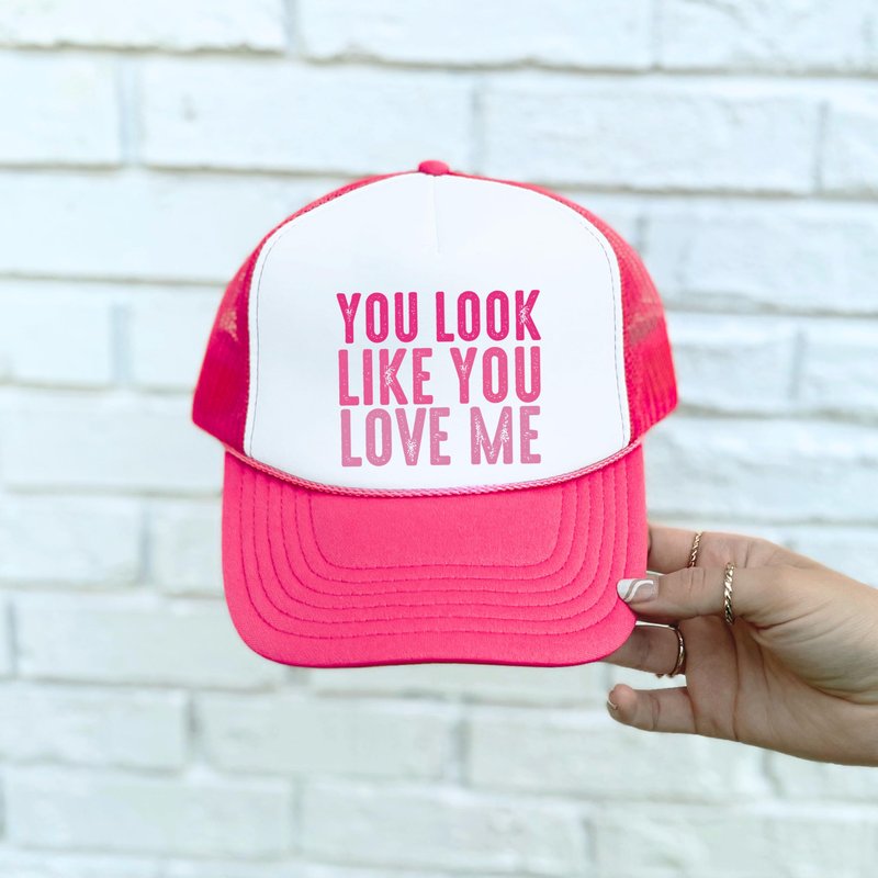 You Look Like You Love Me Trucker Hat Country Song Lyrics Adult Classic 5 Panel Mesh Snapback White/Neon Pink Trucker Hat