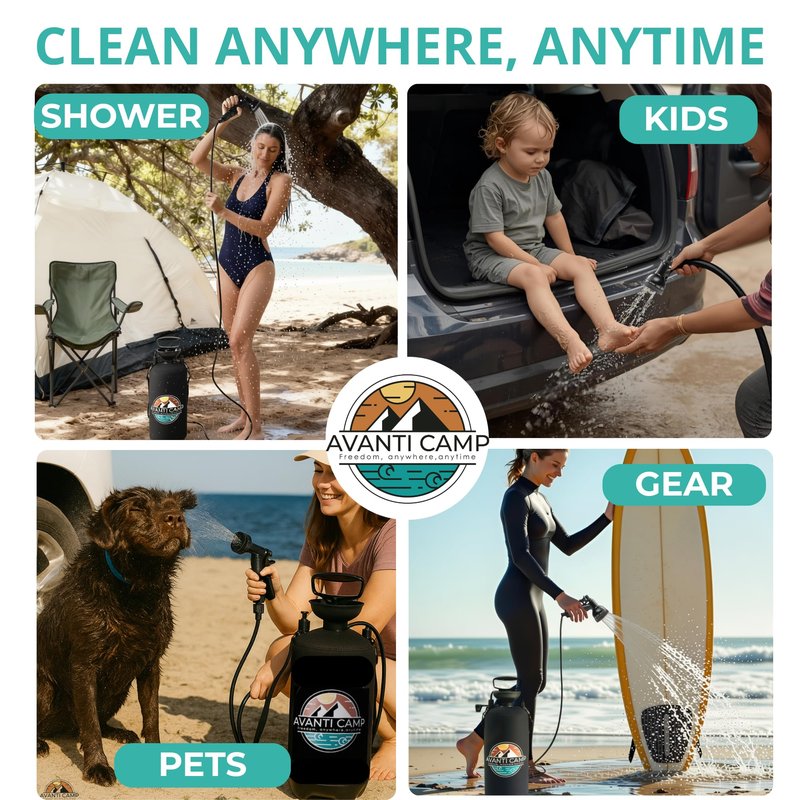 AVANTI CAMP 2.1 Gallon Pressurized Portable Camping Shower | 10 Spray Modes | Neoprene Insulated Cover & Padded Shoulder Strap | Beach Shower for Surf, Travel, Van Life & Sand | Pet Rinse Kit | Black