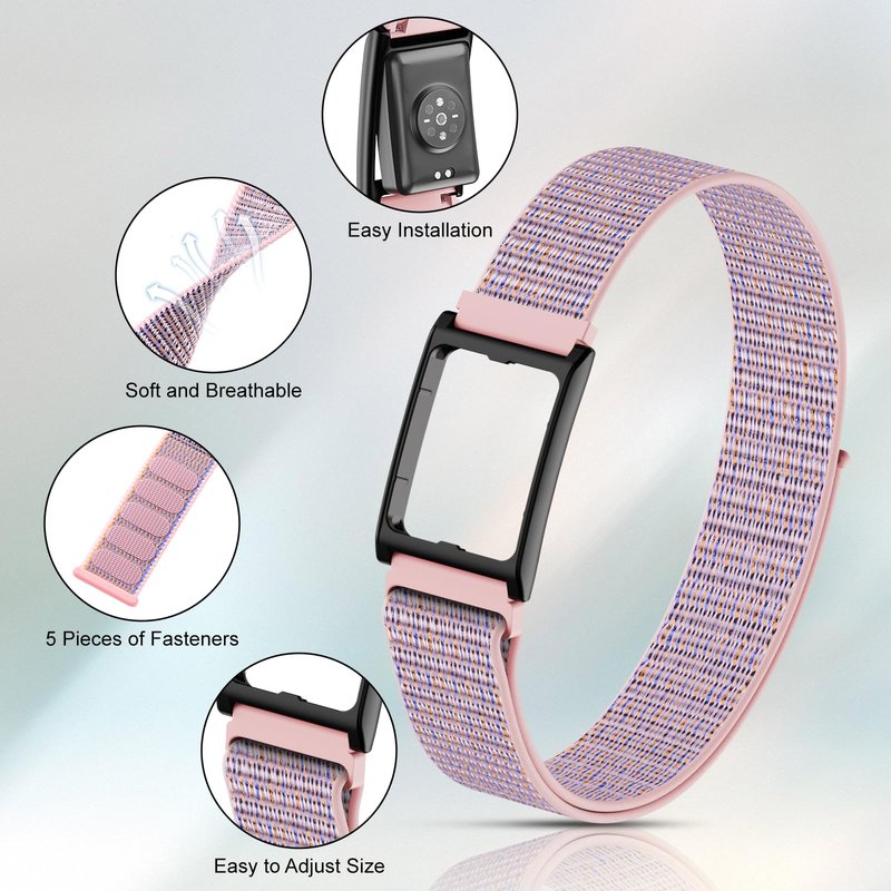 Vigamen Sport Band and Frame Compatible with Amazfit Helio Strap Fitness Tracker,Nylon Loop Replacement Bands with Case for Arm/Ankle Wearing,Adjustable Bicep Wristband for Women Men,Pink Sand