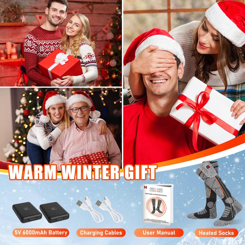EIHBIEA Heated Socks, 5V 6000mAh Rechargeable Heated Socks for Men & Women, Electric Socks with 3 Heating Levels for Winter, Skiing, Hunting, Camping, Hiking, Cycling, Outdoor Work