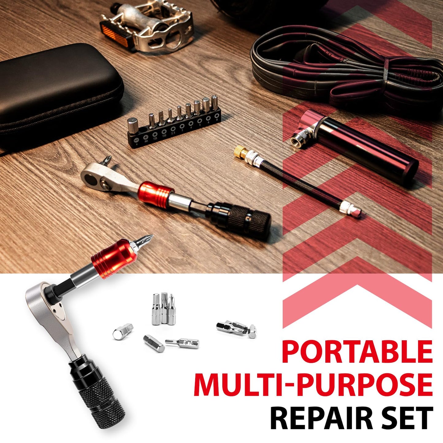 EMERK Bike Repair Tool Kit, Portable Bicycle Multi Tool with Mini Pump, Ratchet Reversible Tool, 10 Bits, Tire Levers & Carry Bag for Mountain, Road & Electric E-Bike, Presta/Schrader Valve Compatible