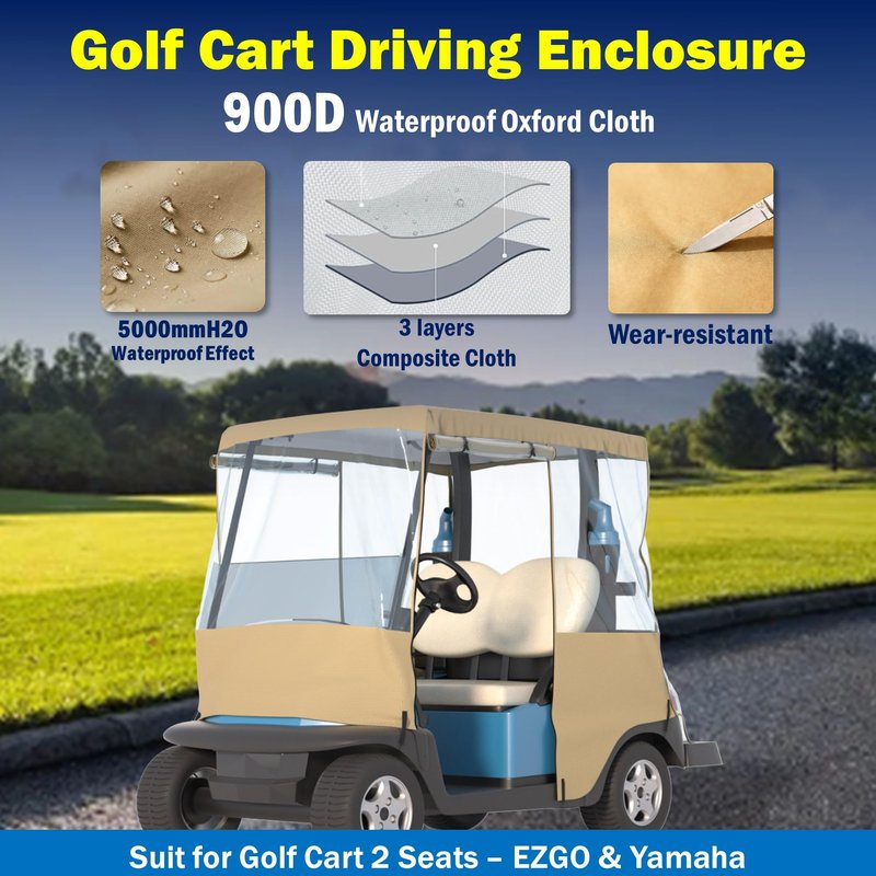 BENVOL Golf Cart Cover 2 Seater Drivable Enclosure - Fits Club Car Precedent, Tempo & EZGO TXT (Roof Up to 58") - 900D Heavy Duty Khaki Waterproof Rain Cover with 0.5mm Clear Vinyl Windows