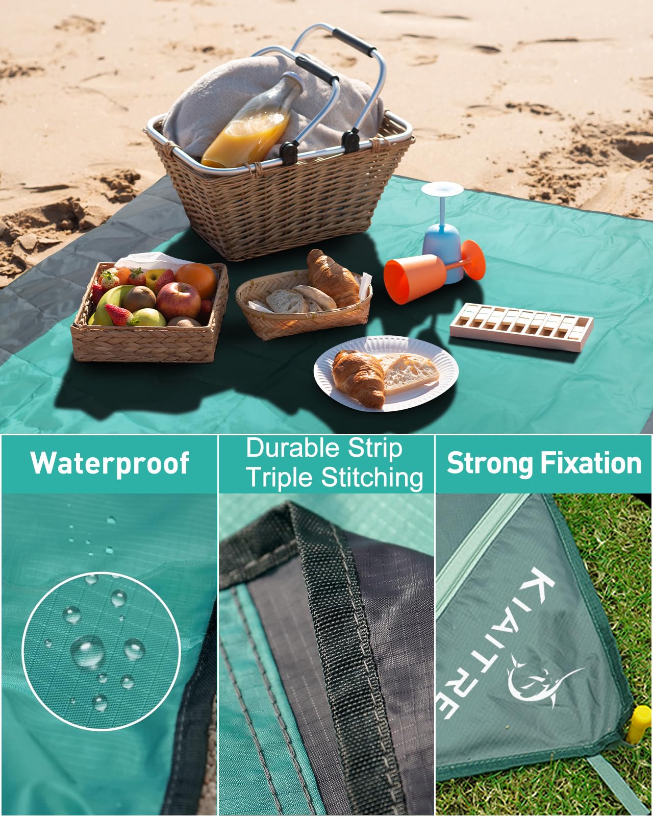 Kiaitre Beach Blanket Waterproof Sandproof 108”X 85.2"- Breathable Nylon Beach Blanket Oversized for 8 Adults, Large Beach Mat with 3 Zippered Pockets, Outdoor Beach Mat for Travel, Camping, Hiking