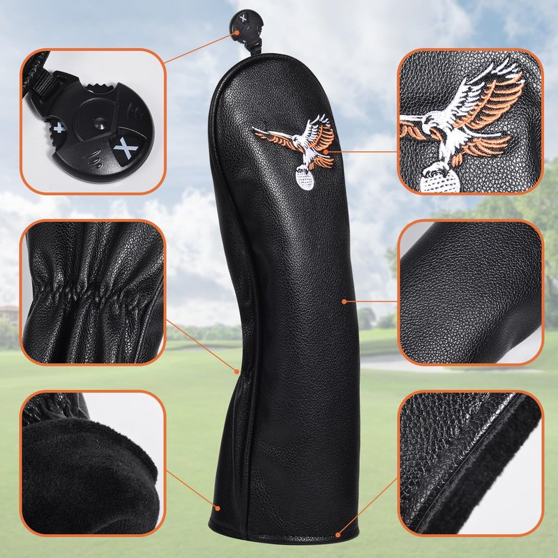 Ausluofell Golf Club Head Covers Set - Waterproof PU Leather Iron/Wood/Putter Headcovers (1,3,5, H Size) Premium Lightweight Golf Head Cover with Anti-Scratch Protection for Men & Women (Black)