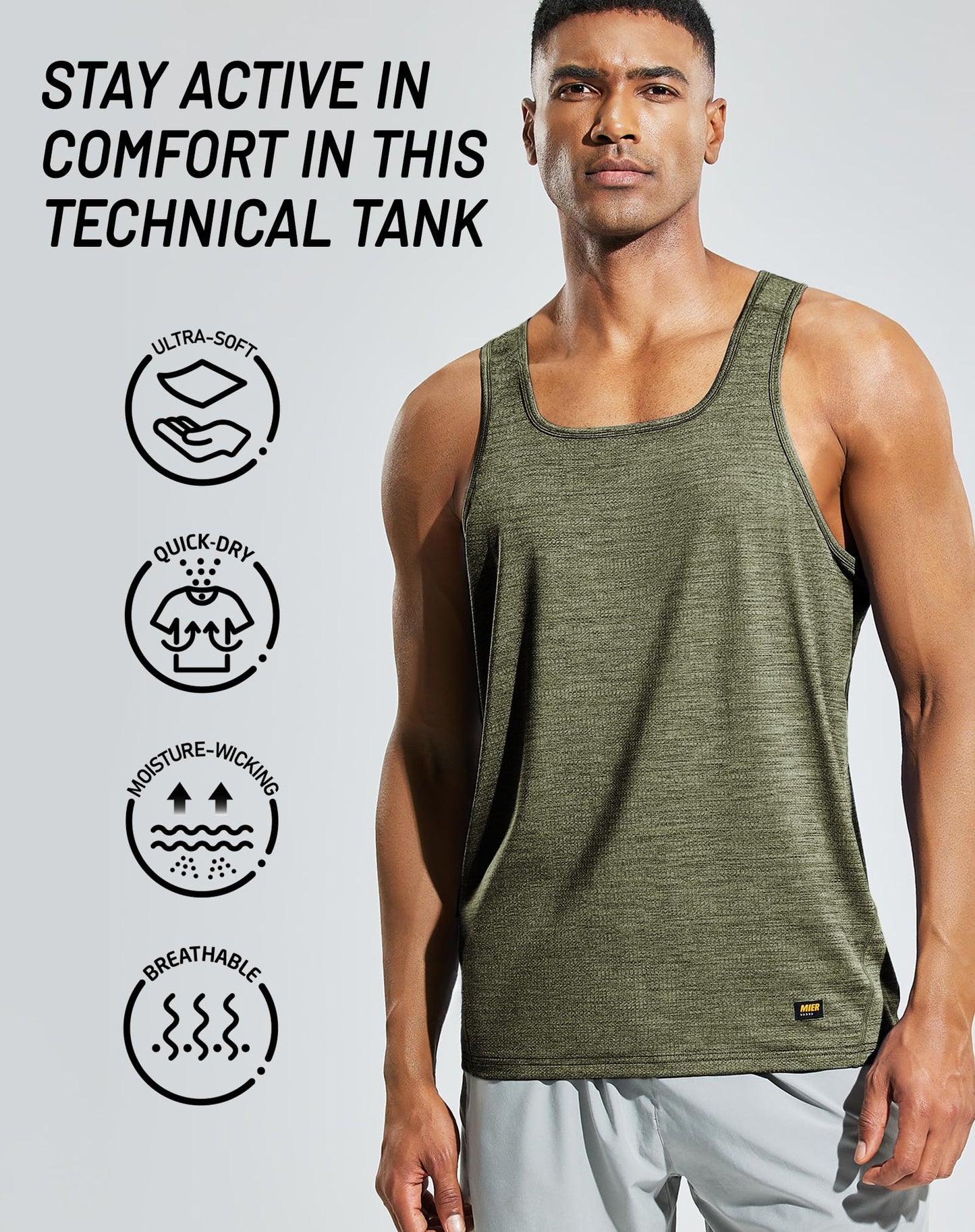 MIER Moisture Wicking Sleeveless Shirts for Men Quick Dry Workout Tank Tops for Running Outdoor Fitness, Heather Army Green, XL