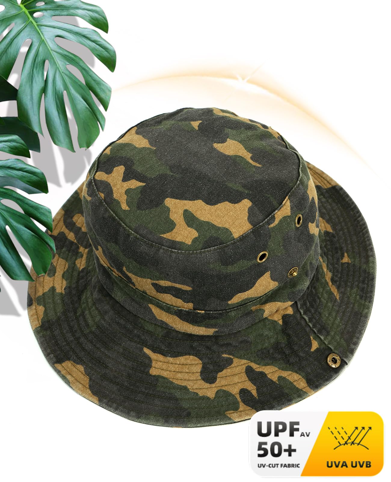Men's Bucket Hat Camo Outdoor Sun Protection, Breathable Quick-Dry Fishing Gardening Hiking Hat with Neck Flap & Adjustable Chin Strap, UPF50+100% Cotton Wide Brim (Green Camouflage hat)