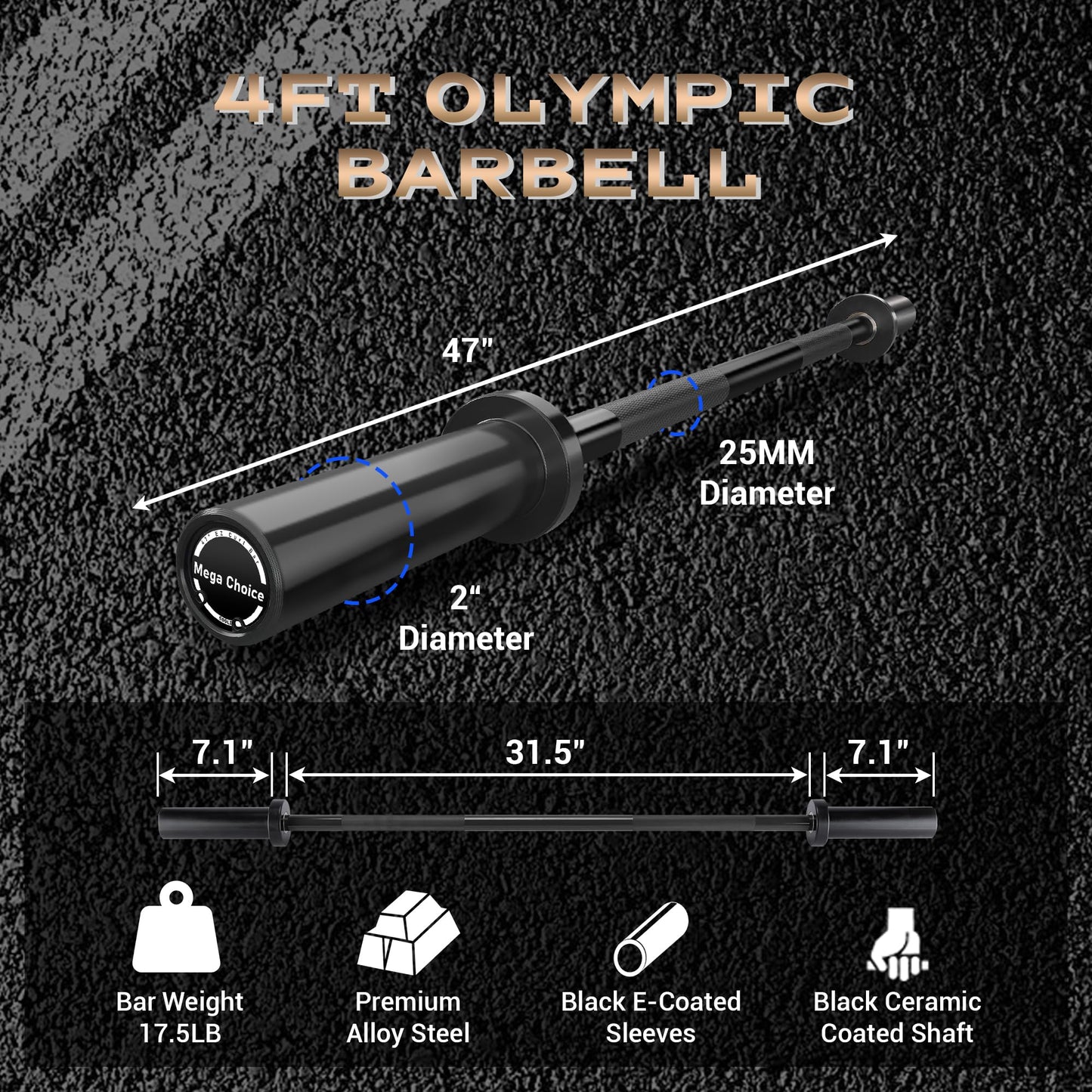 Barbell for Home Gym, 500LB to 1500LB Capacity with Copper Sleeves, for Weightlifting & Powerlifting (Multiple Sizes: 4FT Short b-Ar, 47" EZ Curl b-Ar, 7FT Power b-Ar)