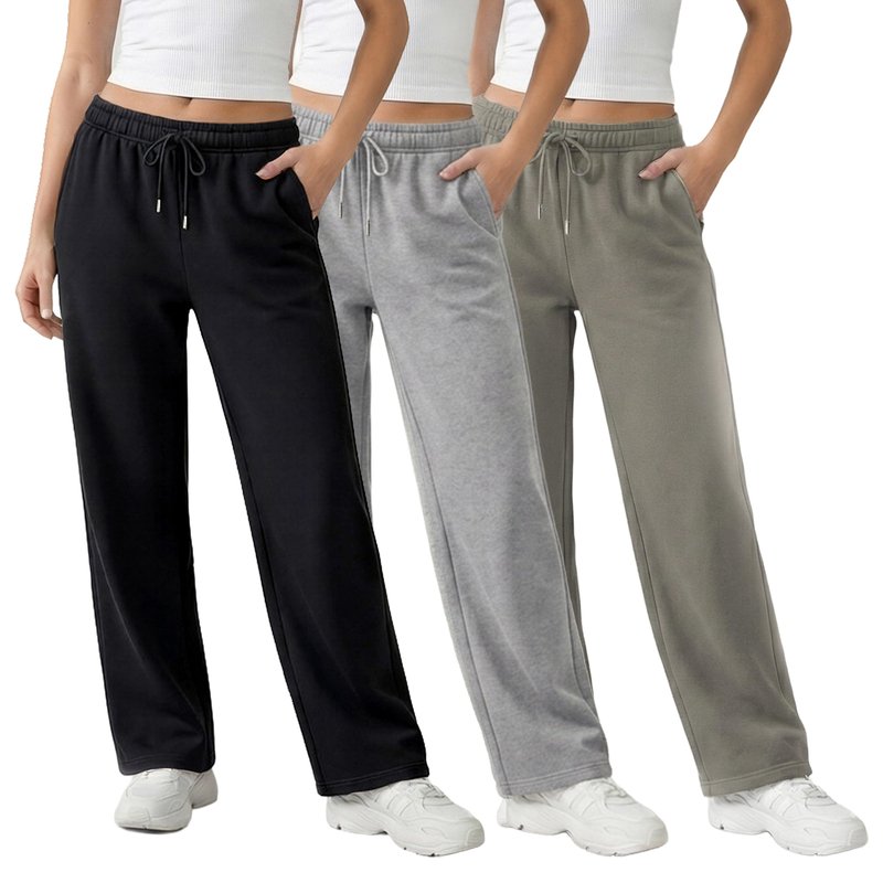 Common Stitch 3 Pack Straight Leg Fleece Lounge Sweatpants for Women — Deep Pockets, Relaxed Fit, Elastic Drawstring Waist