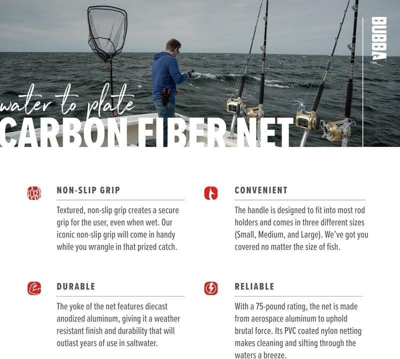 BUBBA Landing Nets - Corrosion Resistant Fishing Net with Non-Slip Grip Handle | Durable Carbon Fiber Shafts