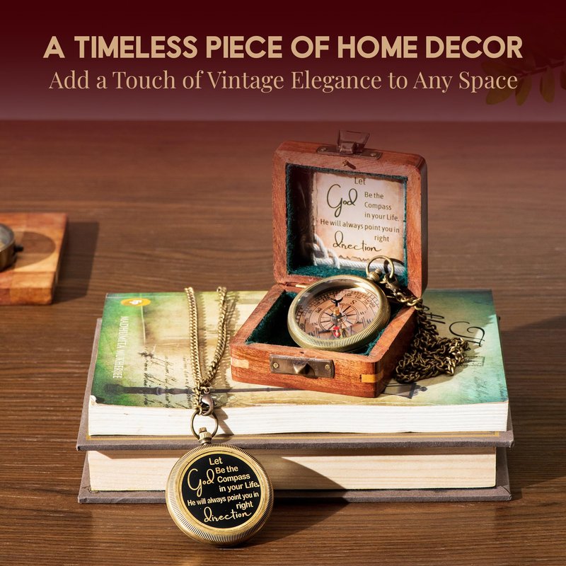 Antiqula Brass God Compass with Wooden Box, Antique Religious Gifts for Men with Quotes Engraved, Inspirational Camping Compass, Ideal Gifts for Baptism, Catholic, Christian, Communion & Graduation