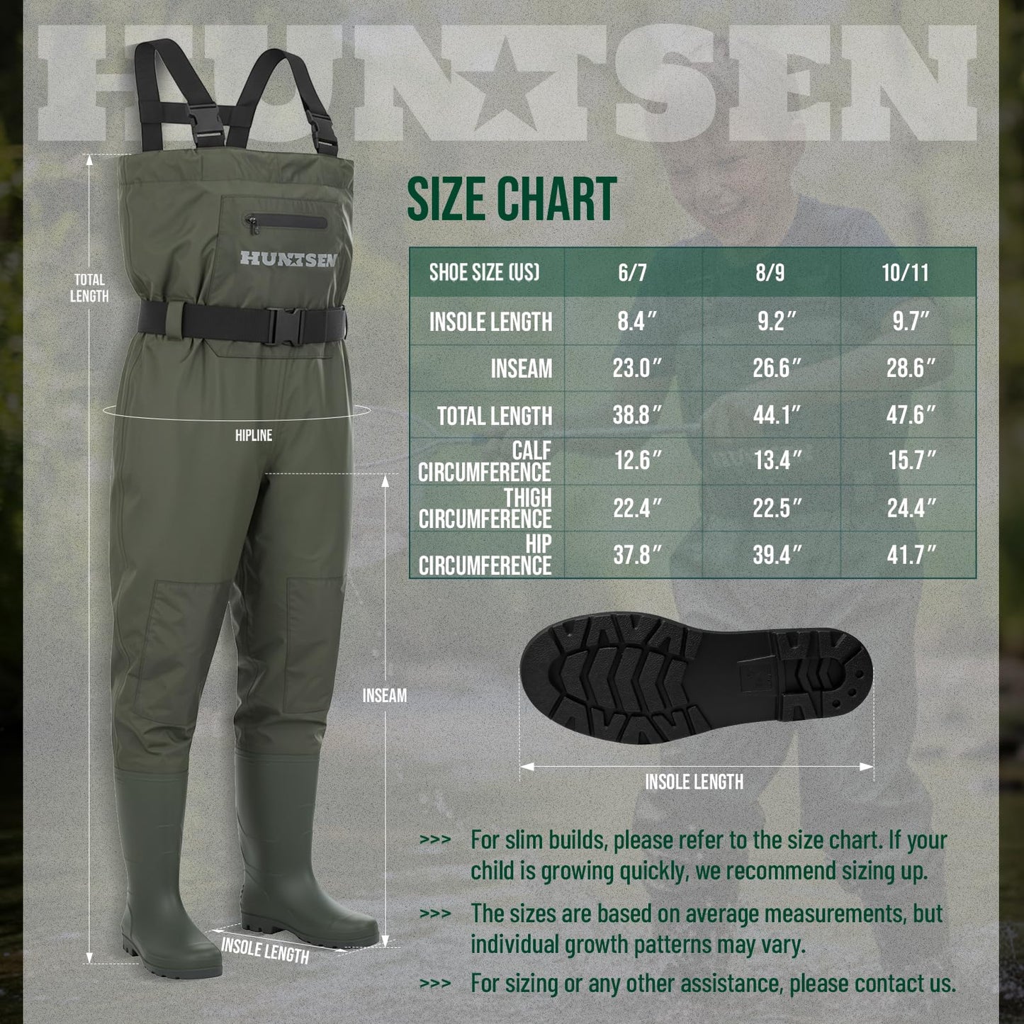 HUNTSEN Chest Waders for Kids with Boots - 2-Ply Nylon Waterproof Insulated Neoprene with Reflect Safety Band - Youth Fishing Waders with Boot Hanger for Toddler Children Hunting Waders for Boys Girls