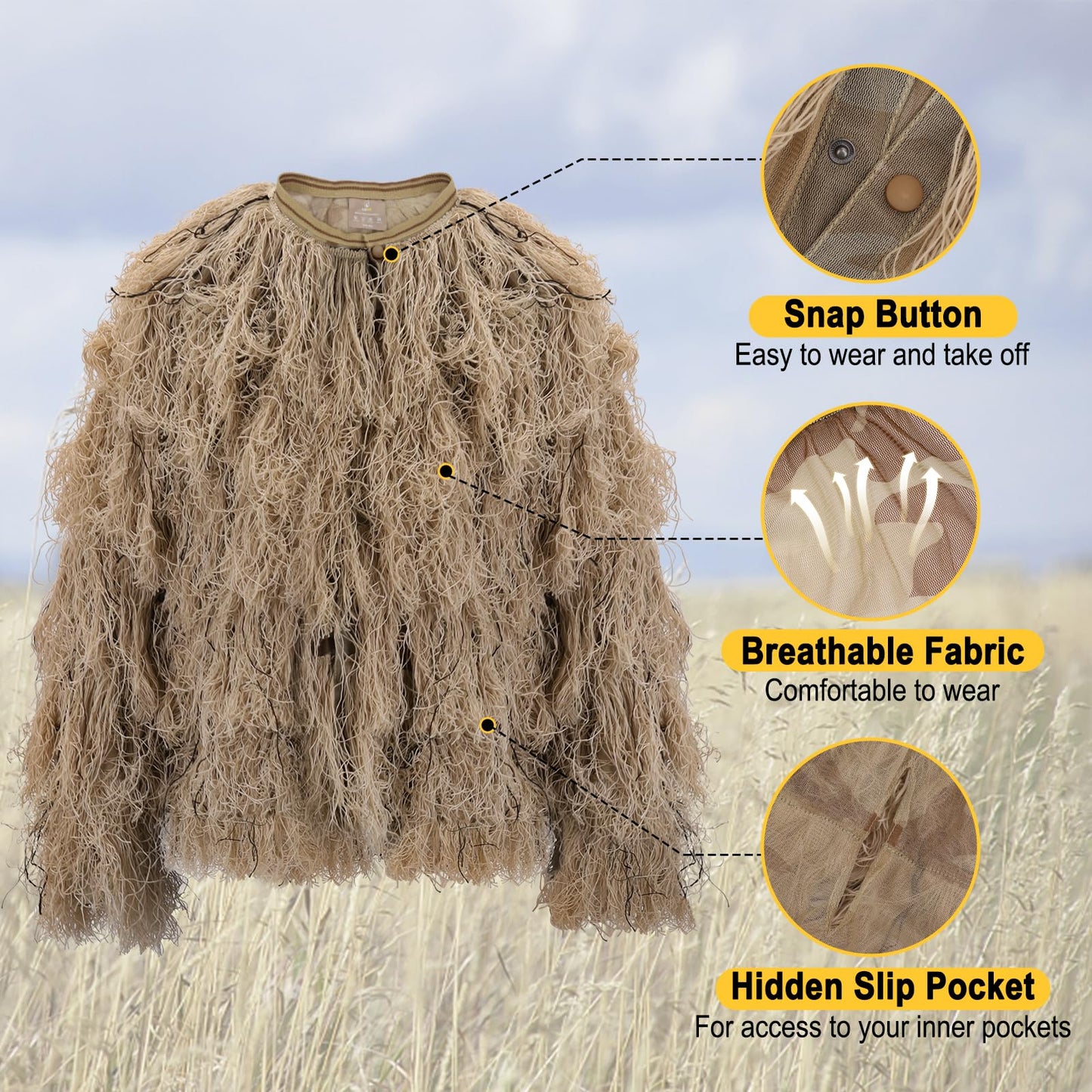 Kalkal Ghillie Suit for Men, 5 in 1 3D Camouflage Hunting Apparel for Men, Double-Stitched Design | Dry Grass, Adults Youth Gilly Suit for Jungle Hunting Wildlife Photography Halloween