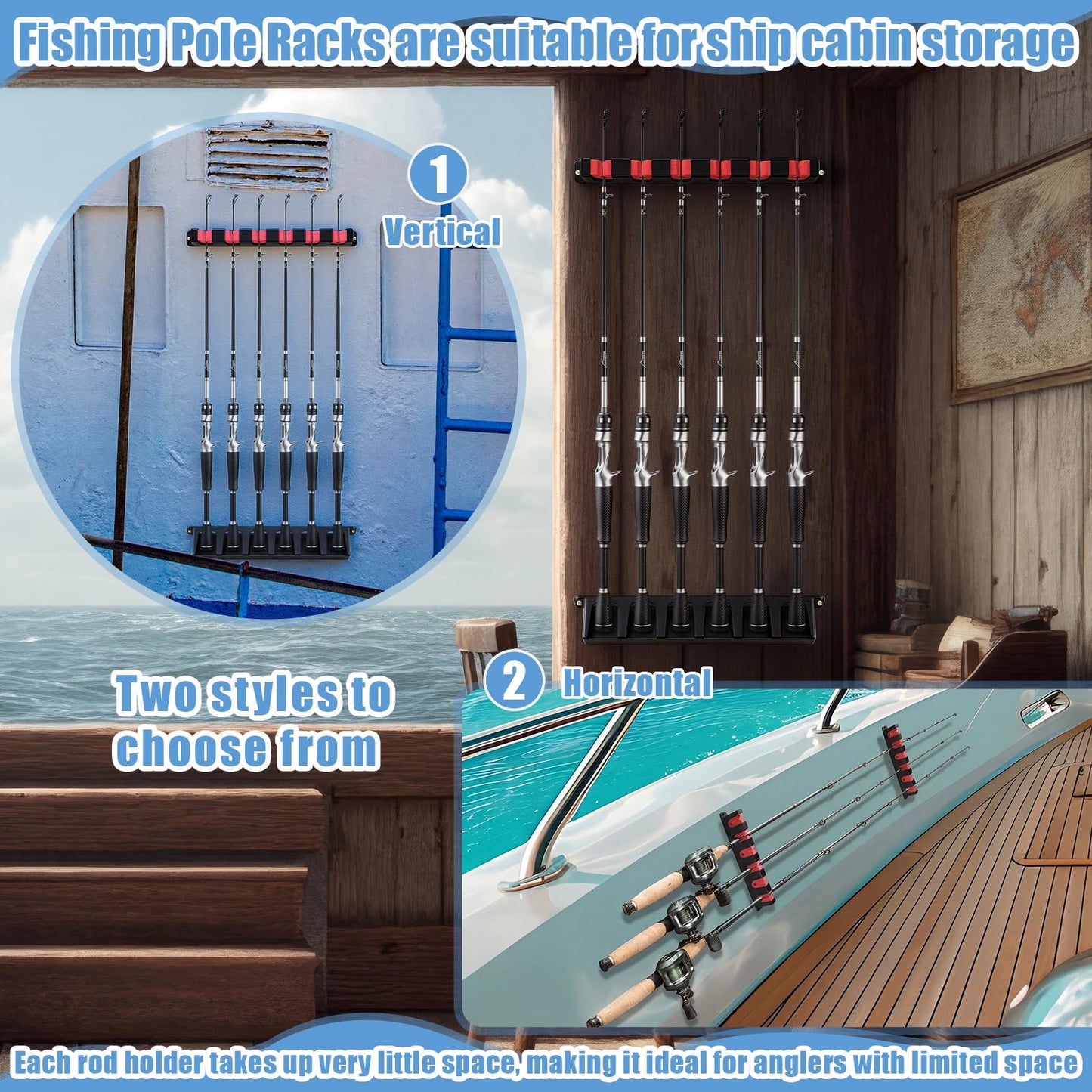 Teyva Daily 3 Set Fishing Rod Holders for 18 Garage Fishing Rod Rack Wall Mount Fish Pole Holders for Boat Room Vertical Horizontal Pole Storage Boat Accessories Gifts for Men (Horizontal)