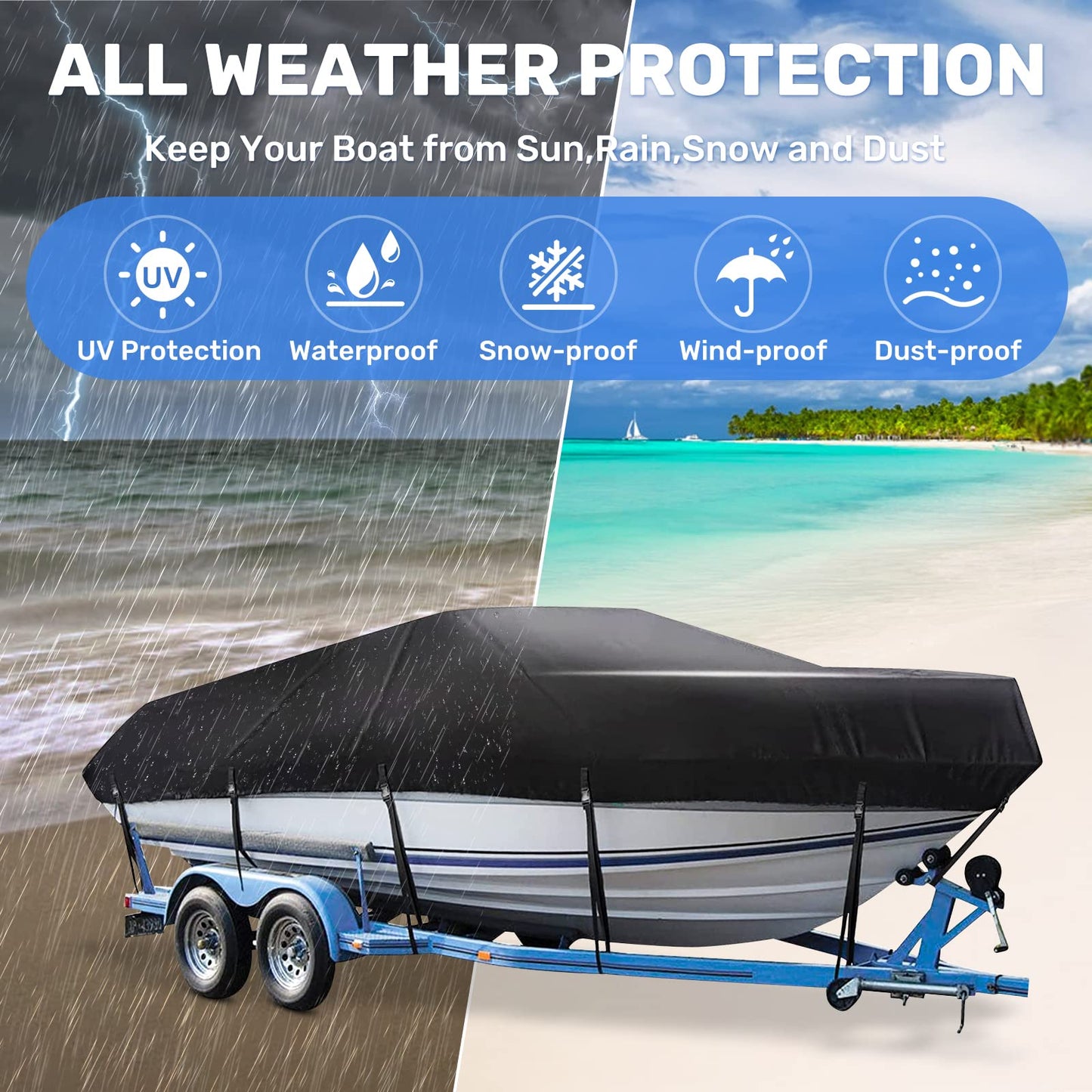 Mancro Boat Cover, Heavy Duty 17-19ft Waterproof Trailerable Boat Cover