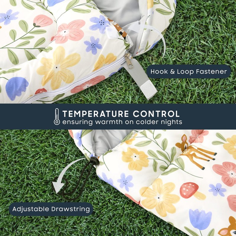 Wake In Cloud - Kids Sleeping Bag for Girls Toddlers, Camping in Warm Cold Weather, Backpacking Lightweight Compact Outdoor Liner for 3 Seasons, Deer Floral Garden, Cream