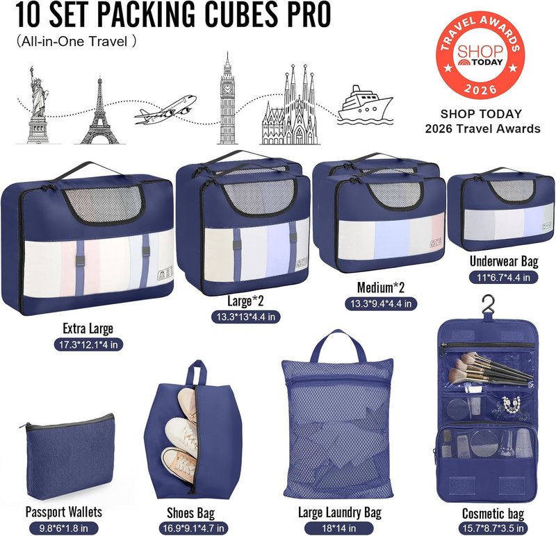 Veken Packing Cubes for Travel | 10-Piece Suitcase Organizer Set with Laundry & Shoe Bag - 4 Sizes for Airplane & Road Trip