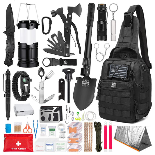 Monterra Survival Kit, 265 Pcs, First Aid Kit, Bug Out Bag, Hiking Gear Essentials, Emergency Outdoor Gear and Equipment, Molle System, EDC, Camping Accessories, Hunting, Gifts for Men.