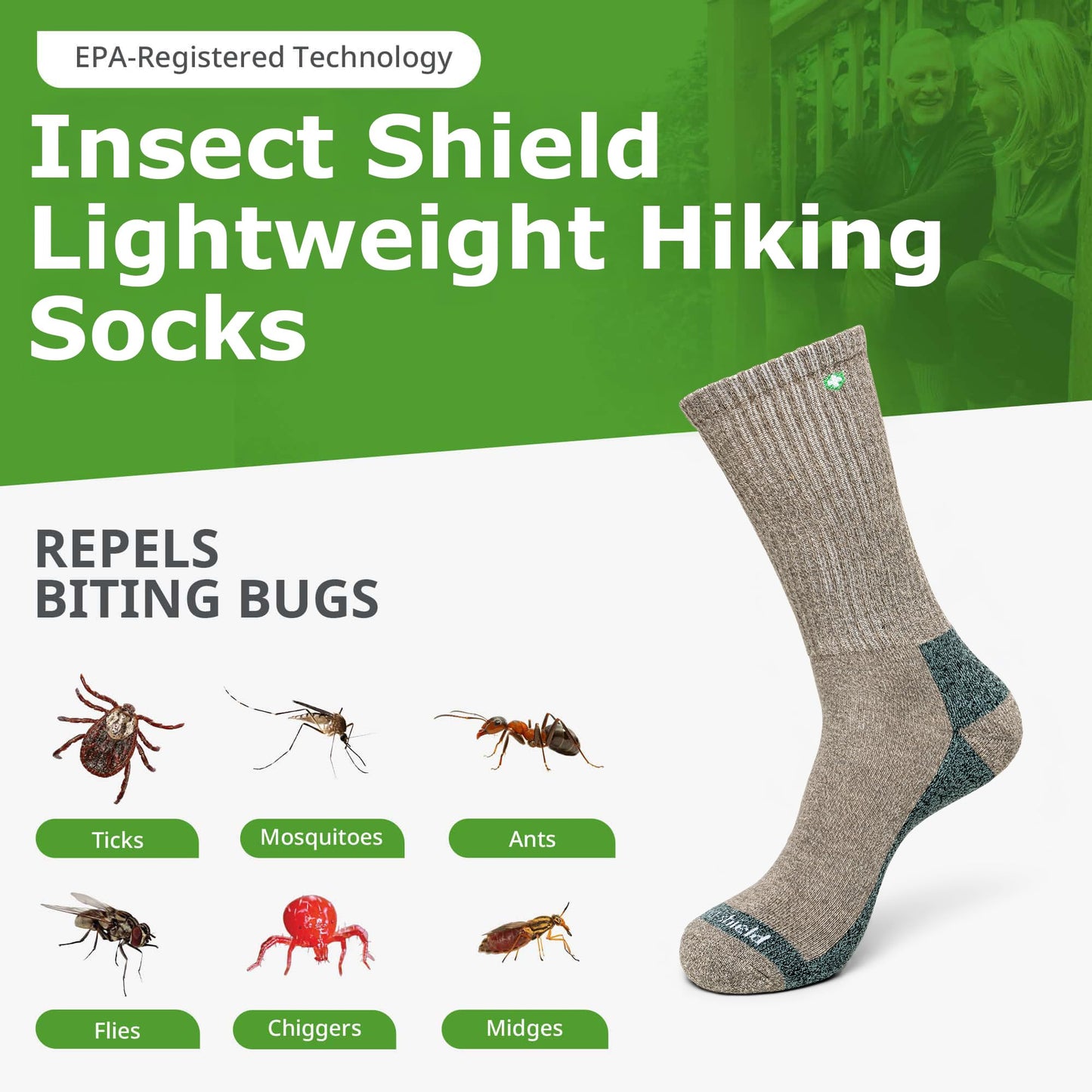 Insect Shield Lightweight Hiking Socks With Permethrin Bug Repellant - Protective Clothing for Men & Women, Khaki, Medium