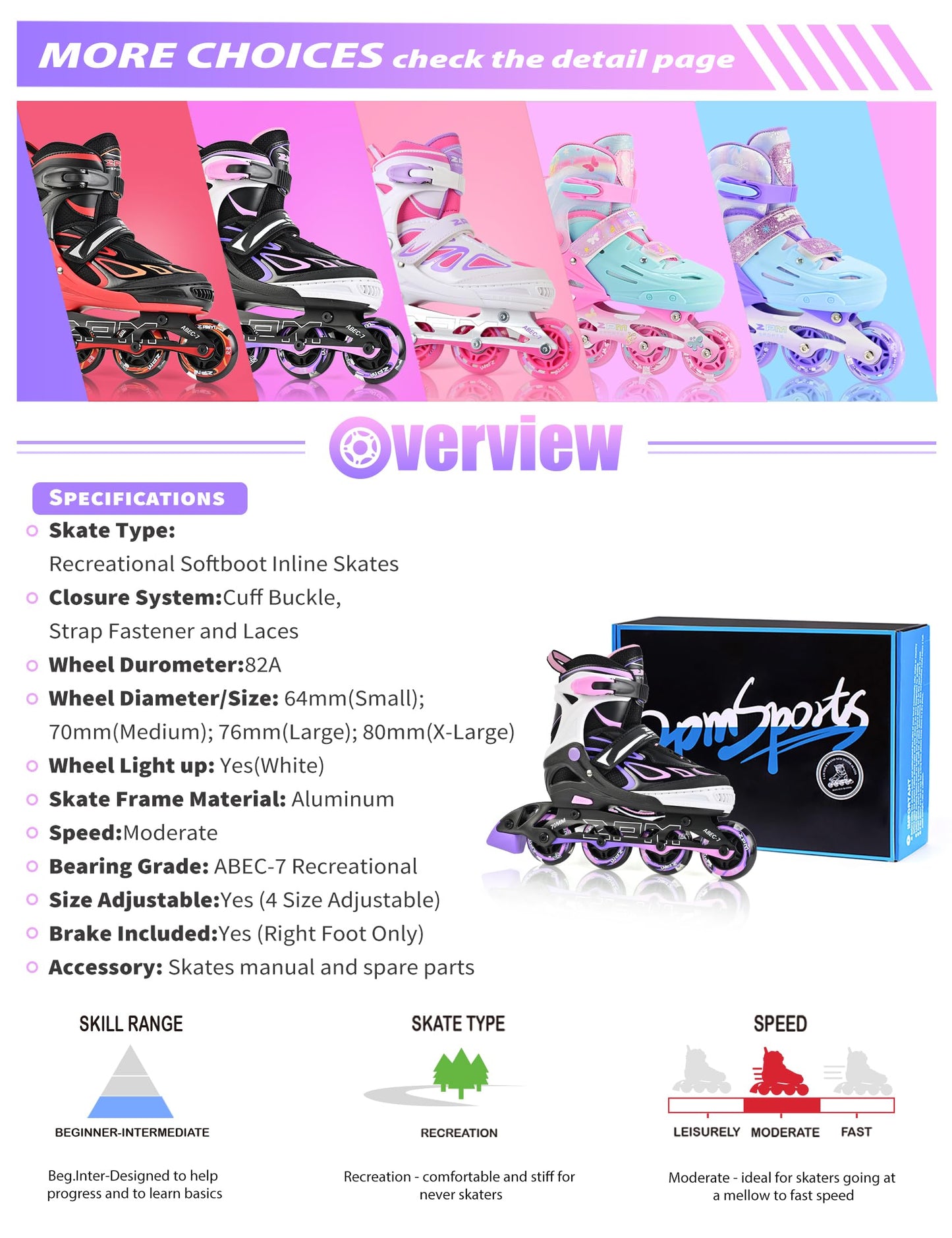 2PM SPORTS Vinal Inline Skates for Girls Boys Kids Ages 5-8 8-12 with Adjustable Illuminating Wheels, Inline Roller Skates for Youth Women Men - Purple Pink Small