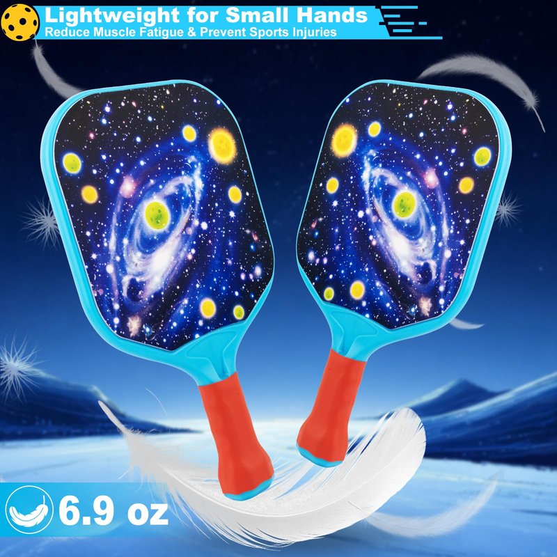 Foayex Kids Pickleball Paddles Set of 2, Outdoor Toys Beach Games, Lightweight Child-Size Pickleball Set Sports Gifts for Boys & Girls 4 5 6 7 8 Year Old - Galaxy