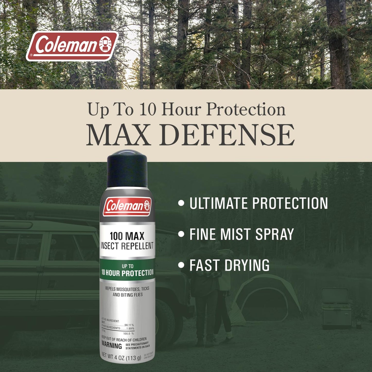 Coleman Insect Repellent Spray - 100% MAX DEET Insect Repellent Spray, protection against ticks, mosquitoes, chiggers, gnats, fleas, ideal for camping, hiking, outdoor activities, 4oz Continuous Spray