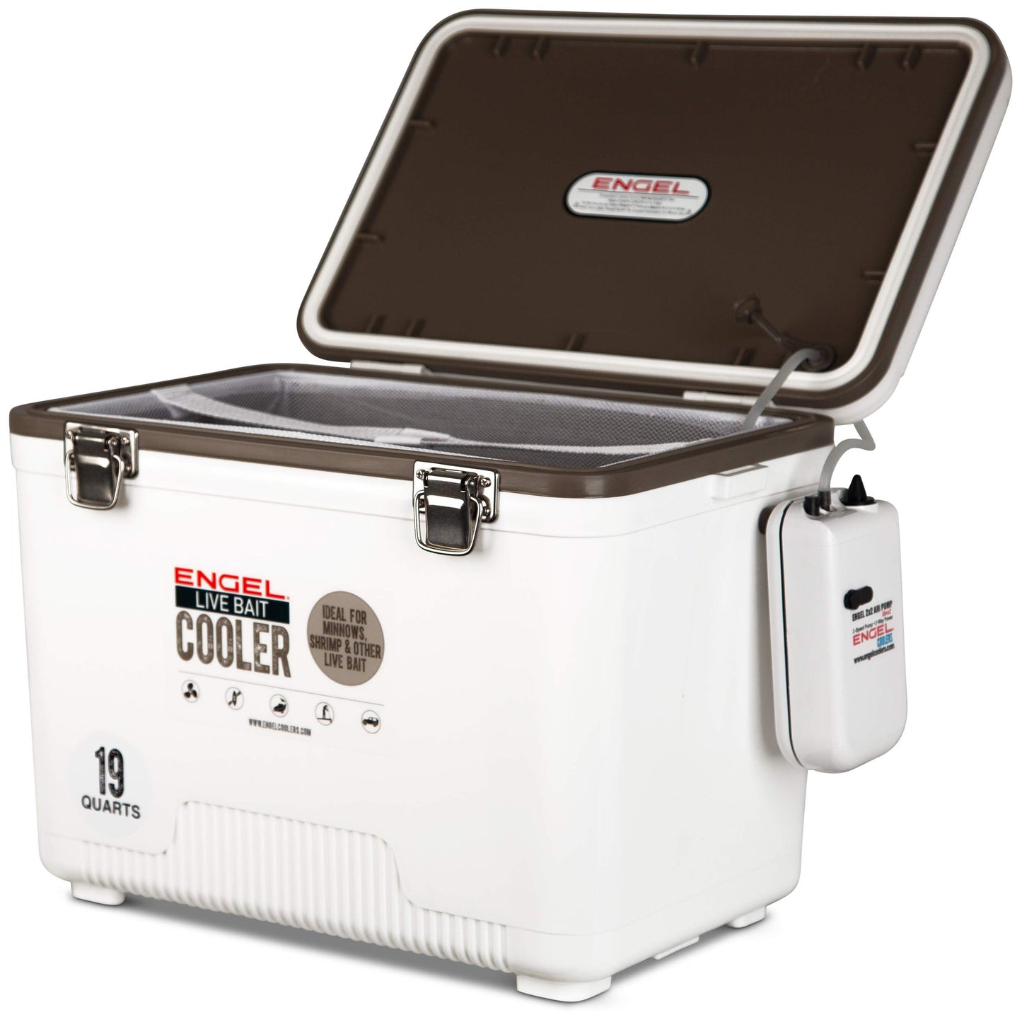 Engel 19qt Live Bait Cooler Box with 2nd Gen 2-Speed Aerator Pump - Portable Fishing Station & Minnow Bucket for Shrimp & Other Live Fish with Aerator - ENGLBC19-N-G in White