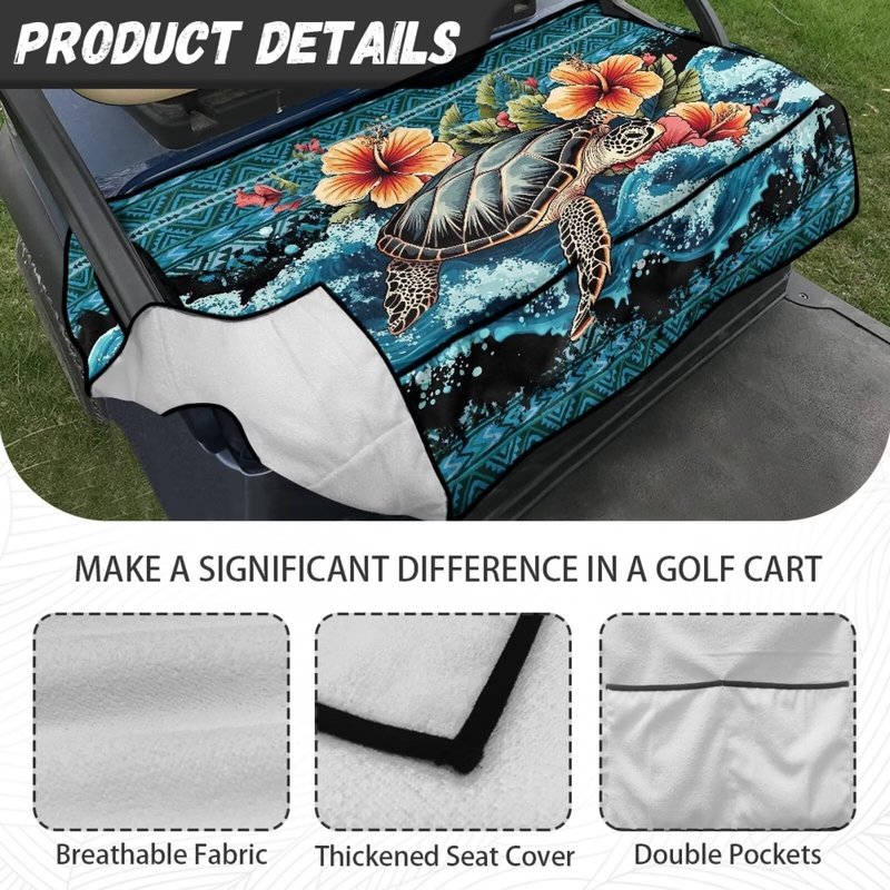 Brosoneto Sea Turtle Aztec Golf Cart Seat Covers, Washable Golf Cart Seat Towel Blanket with Pockets Travel Sports Golf Cart Cushion Cover for Golf 2 Person Seats Club Car, Golf Cart Accessories