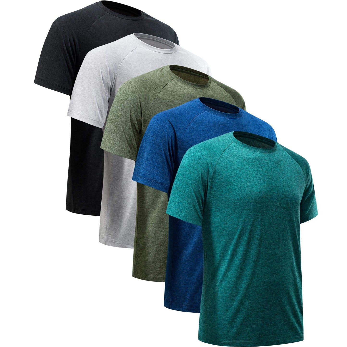 MCPORO Workout Shirts for Men Short Sleeve Quick Dry Athletic Gym Active T Shirt Moisture Wicking 5 Pack Black, Dark Blue, Army Green, Light Grey, Hydro Teal Small