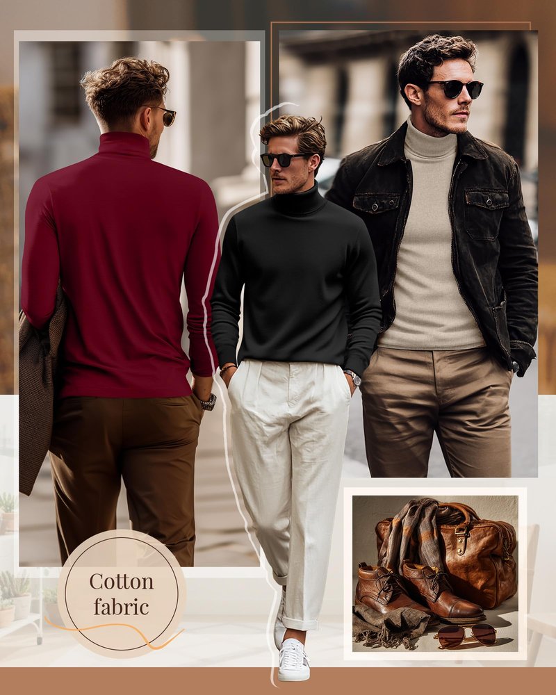 Ficerd 3 Pack Men's Turtleneck Shirts, Long Sleeve Cotton Pullover Sweaters Mock Neck Knitted T Shirt Basic Slim Fit Tee Tops (Black, Apricot, Red,Small)