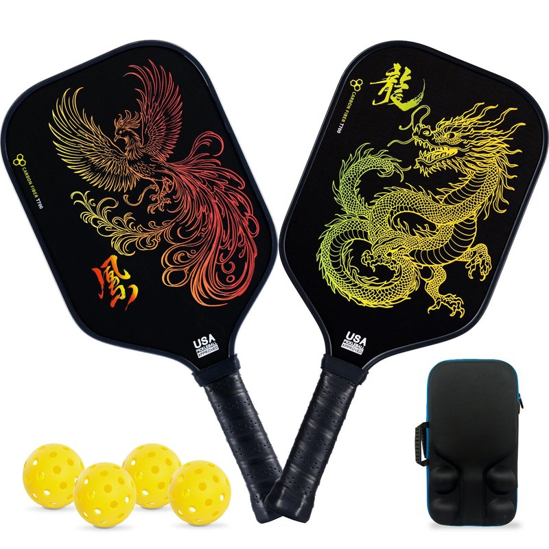 Pickleball Paddles Set of 2 – Lightweight T700 Carbon Fiber Pickleball Paddles, Durable 2 Paddles + 4 Outdoor Balls + Bag, Best for Beginner & Pro