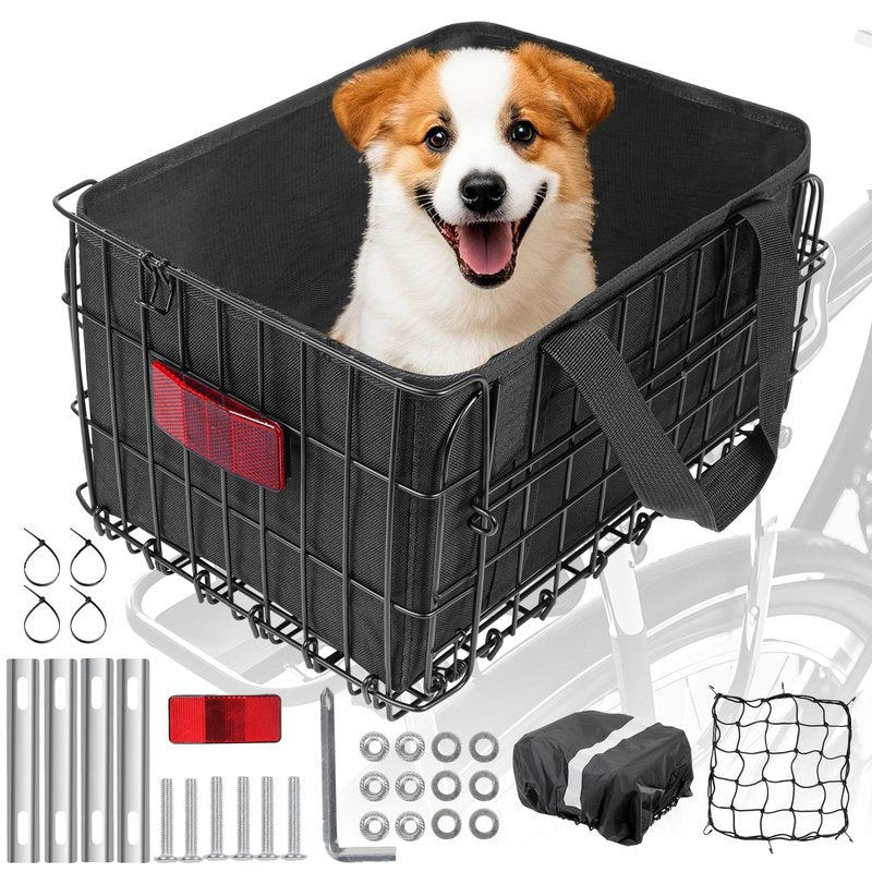 Rear Bike Basket, Heavy Duty Bike Basket with Foldable Design, 4mm Steel Frame, Waterproof Liner Bag & Cargo Net, Bike Basket for Groceries and Commuting, Fits Most Rear Bike Racks
