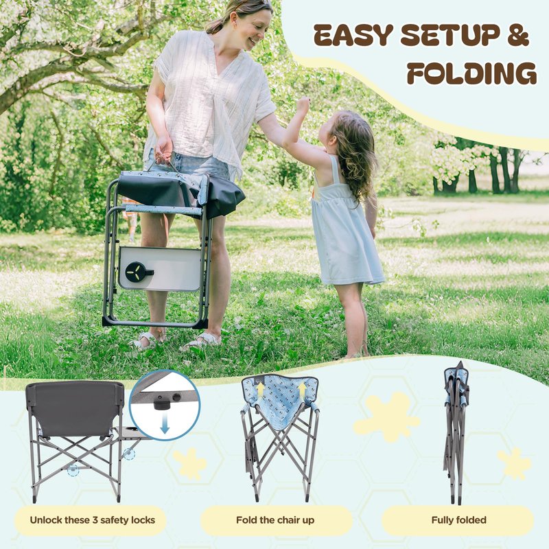 Busy Bee Kids Director Camping Chair with Foldable Side Table, Lightweight, Flat Folding, Compact and Portable, Perfect Kid Beach Chairs, Supports 150 Lbs.