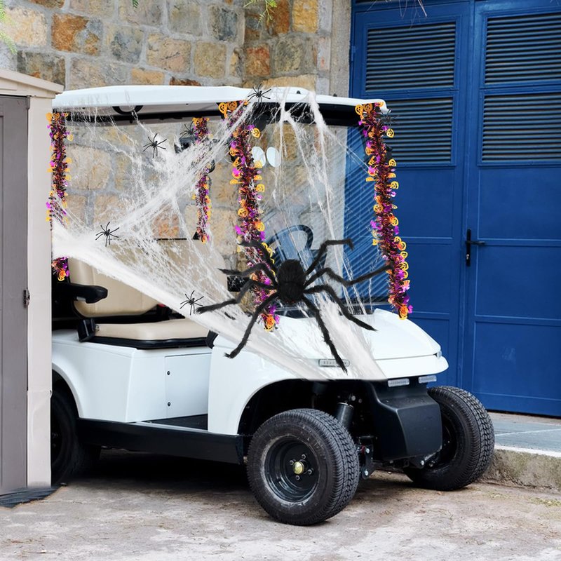 DANHMAO 34 PCS Halloween Golf Cart Decoration Kit Include Vibrant Purple & Yellow Streamers, Stretchy Spider Web, Small & Giant Spider for Halloween Car Parade Decor Indoor Outdoor