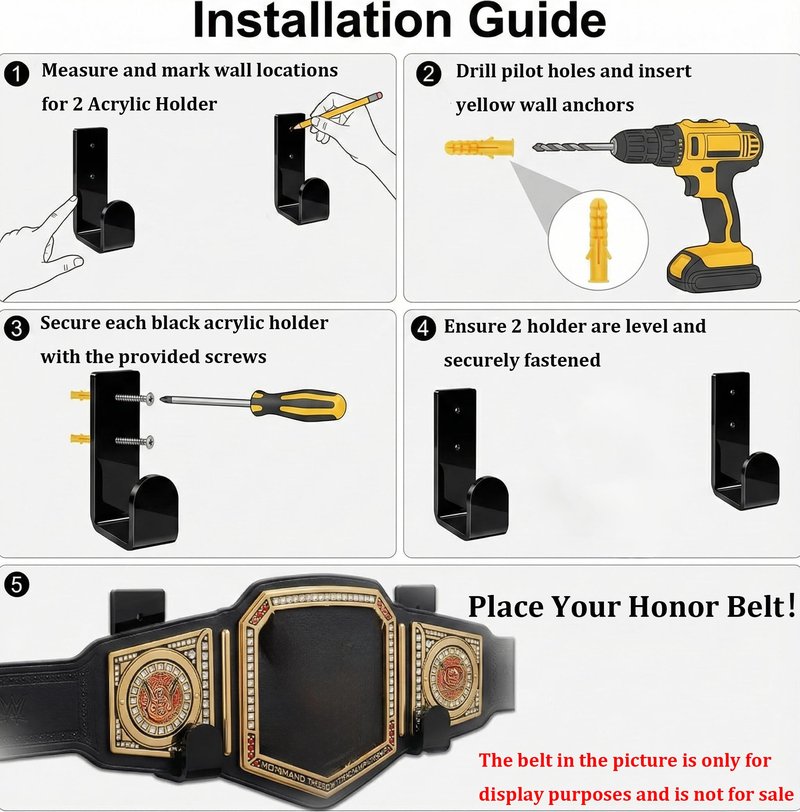 2PCS Championship Belt Wall Mount, 5mm Thick Black Acrylic Display Holder, Heavy Duty Hanger Rack for Pro Wrestling, MMA, Boxing Replica Championship Belts, Horizontal Floating Hanging Kit with Screws