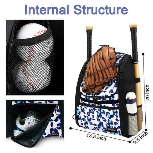 Youth Baseball Bag, Bat Backpack for Baseball, T-Ball Softball Equipment Gear, Helmet, Batting Glove, Batting Mitten, Shoes Compartment Large Capacity Baseball Bags with Fence Hook Holds 4 Bats Blue