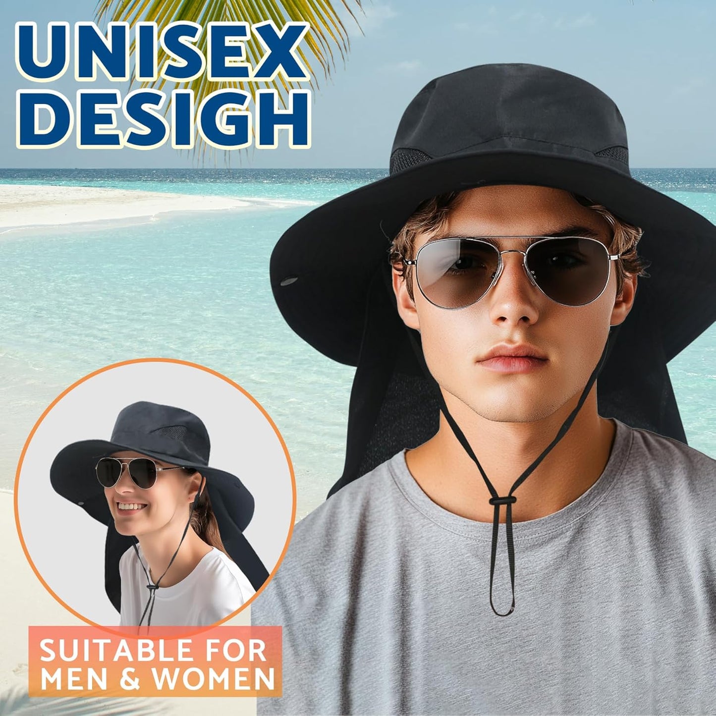 Sun Fishing Hat with Neck Flap - UV Protection Wide Brim Bucket Hat for Men & Women