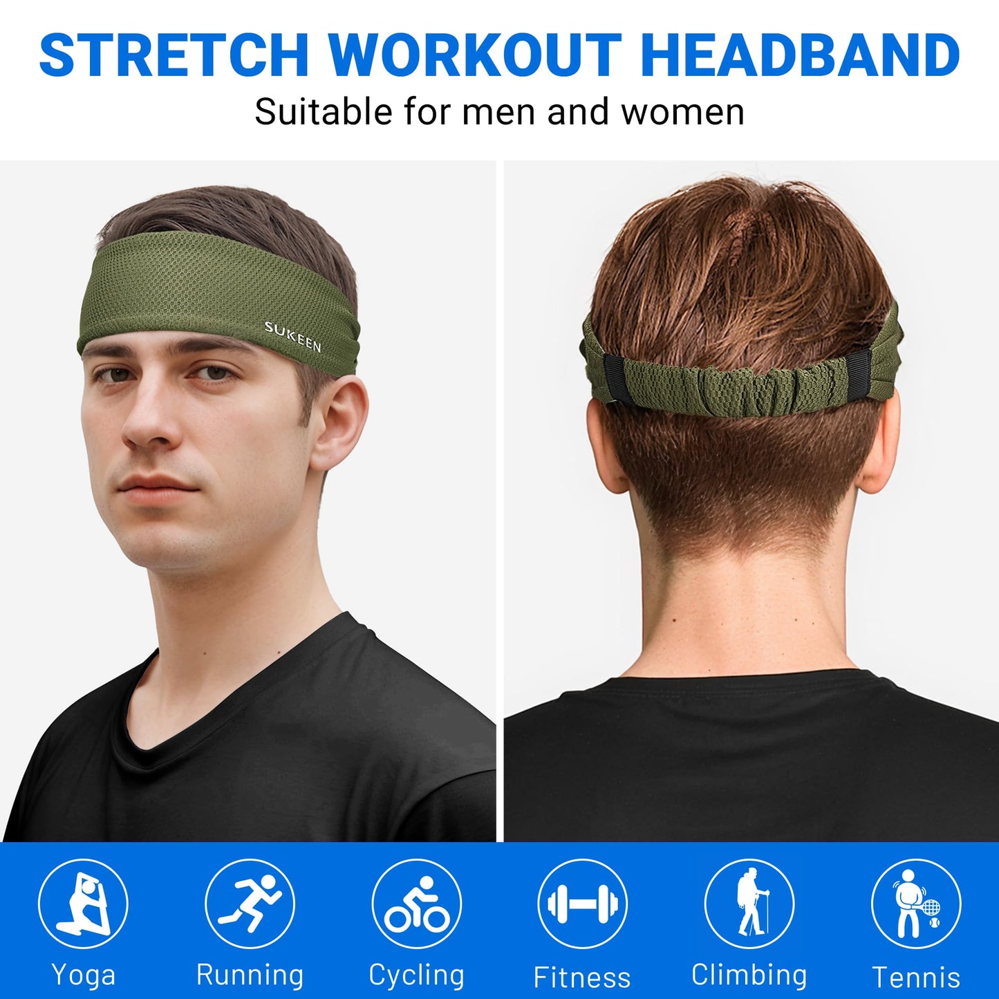 Sukeen Workout Headbands for Men, Sweat Bands Sweatbands Headbands for Women, Moisture Wicking Sports Headbands, Non Slip Stretch Cooling Headband for Running, Gym, Yoga, Black, Dark Gray, Dark Green