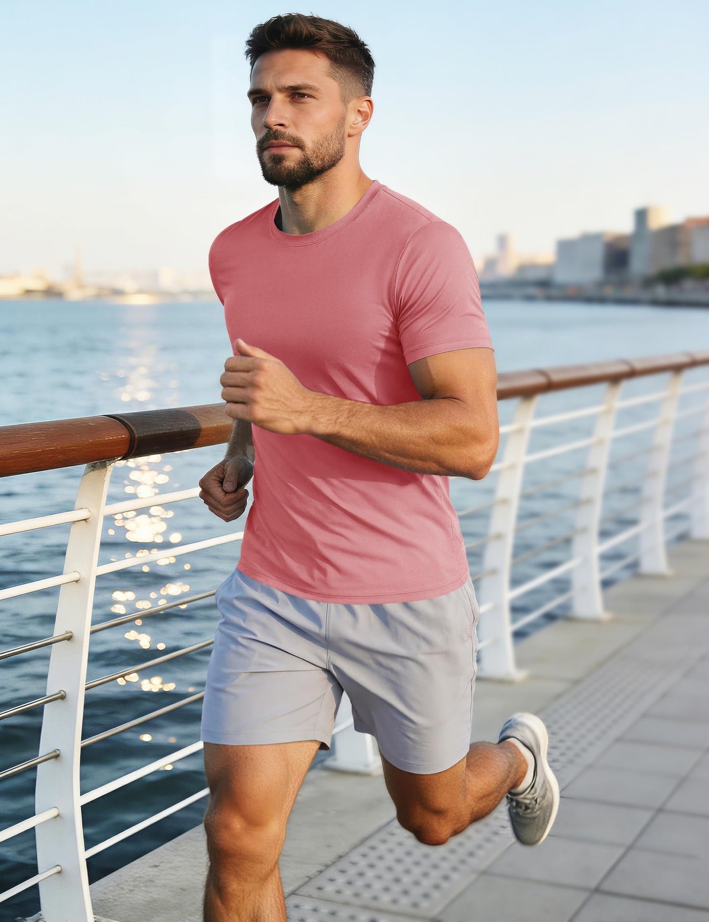Dry Fit Shirts Men Workout Shirts Performance Shirts Rash Guards Shirts Moisture Wicking Running T-Shirt Outdoor Hiking Top Tee Grey Pink