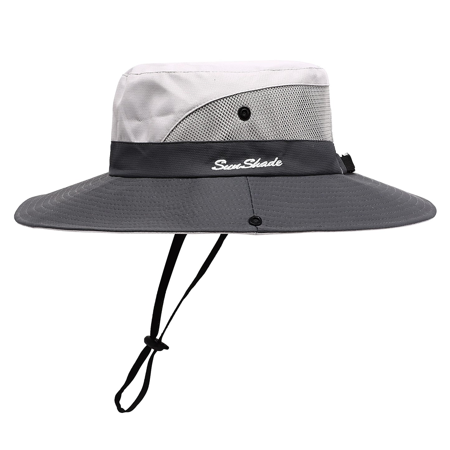 Womens Summer Sun Hat Beach Hat Wide Brim Outdoor UV Protection Hat Foldable Cool Mesh Ponytail Bucket Hat (Light Grey-Grey)