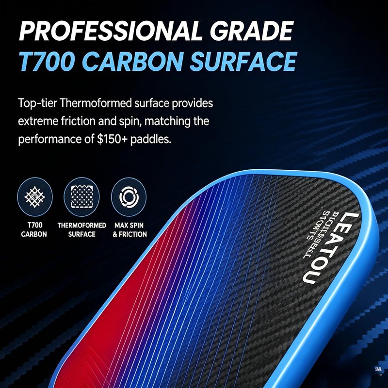 LEATOU T700 Carbon Fiber Pickleball Paddle - Professional Thermoformed Surface, 16mm Honeycomb Core for Max Power & Spin - USAPA Standard, High Performance Clearance Deal (Black/Blue)