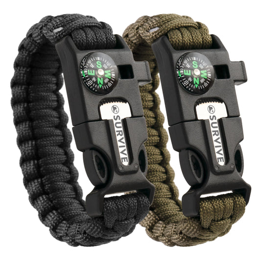 SURVIVE Paracord Bracelet, Pack of 2, Emergency Survival Kit Fire Starter Compass Whistle 9 ft Continuous Strand Flint Steel Scraper 5 in 1