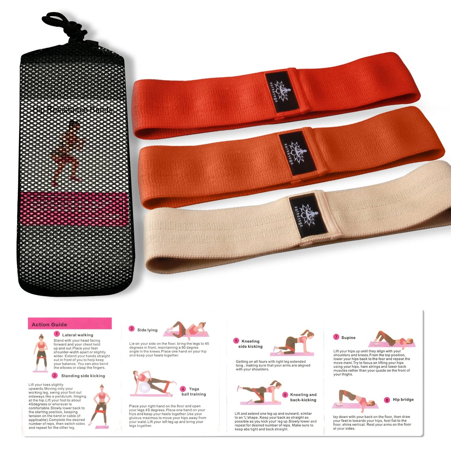 Hatha Yoga Large Resistance Band,14.5" x3.15",Fabric Exercise Loop Bands with Instruction Guide and Carry Bag, Set of 3.