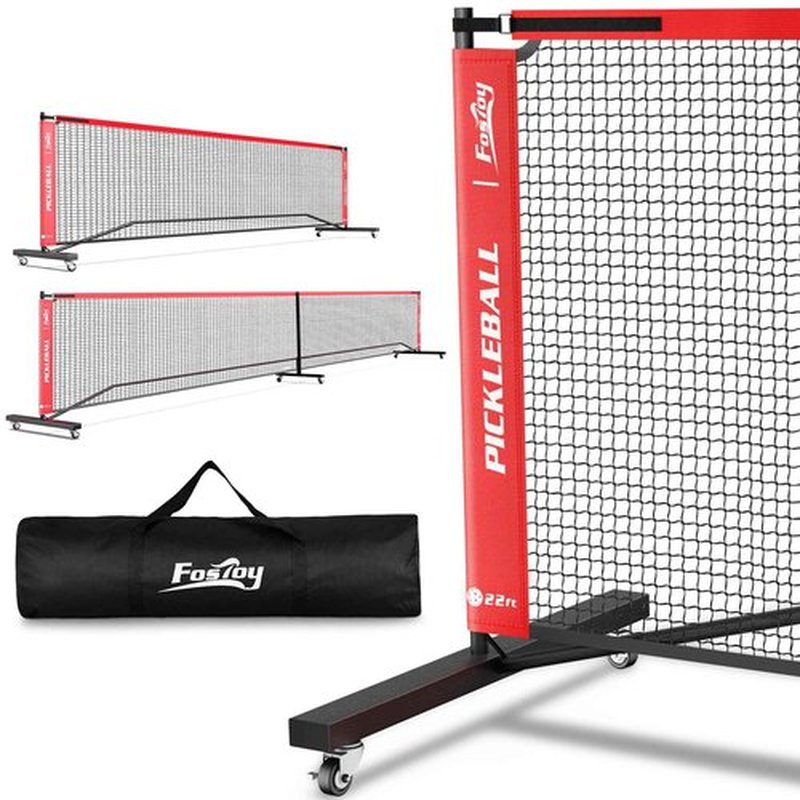 Fostoy Portable Pickleball Net with Wheels, Regulation Size 22 FT & Half Court 11 FT, Steady Metal Frame for Backyards, Driveways, and Garages (Black&Red)