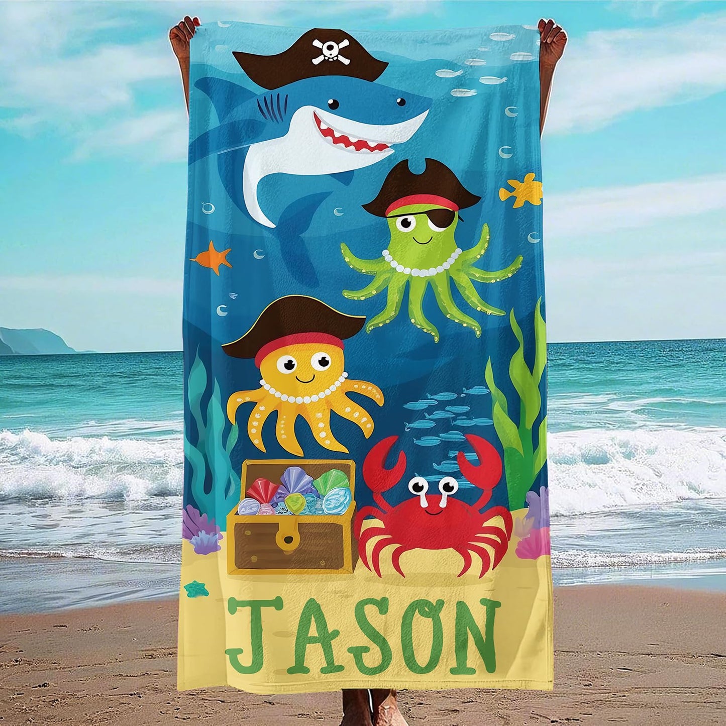 Dreamdecor Kids Personalized Beach Towel with Name, Striped Custom Beach Towels for Swimming Pool Vacation, Microfiber Sand Free Fast Drying Beach Towel - Easter Gift for Adults Women Men Kids
