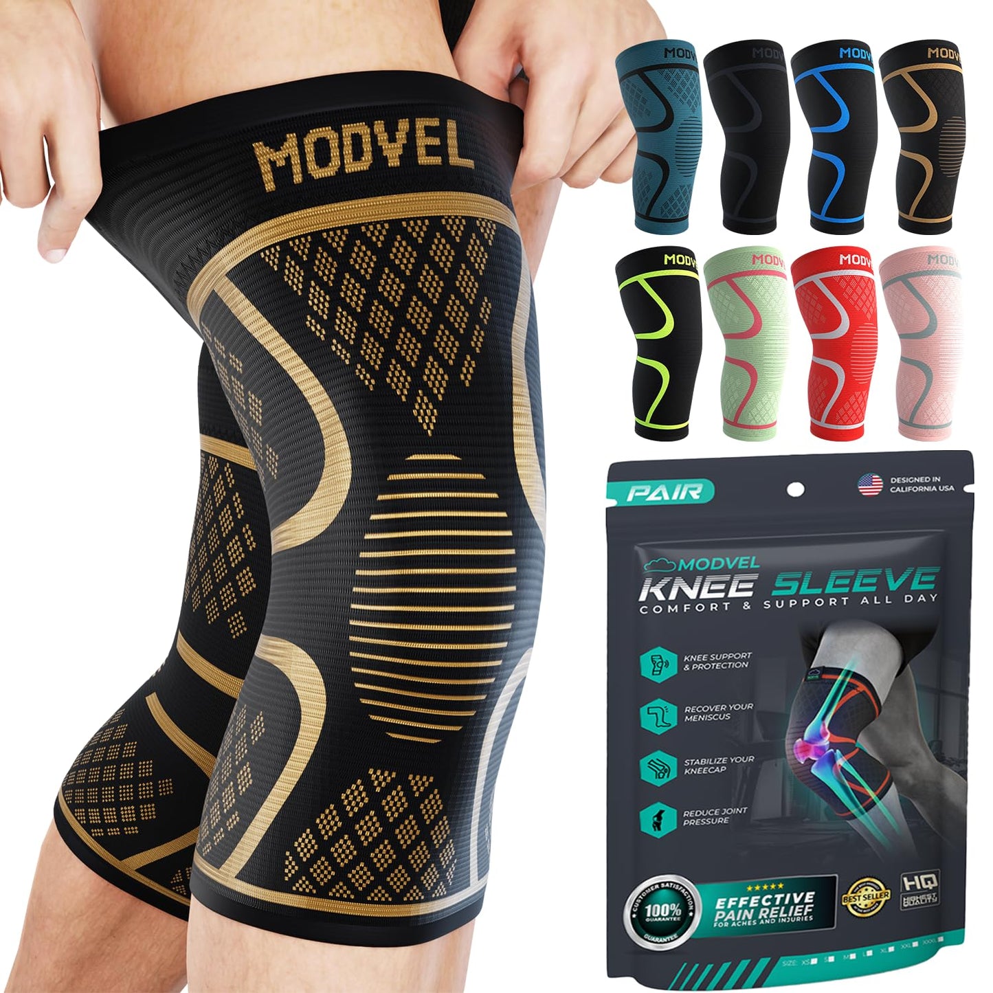 Modvel Knee Braces for Knee Pain Women & Men - 2 Pack Knee Brace for Knee Pain Set, Knee Brace Compression Sleeve, Knee Support for Knee Pain Meniscus Tear, ACL & Arthritis Pain Relief,Copper M