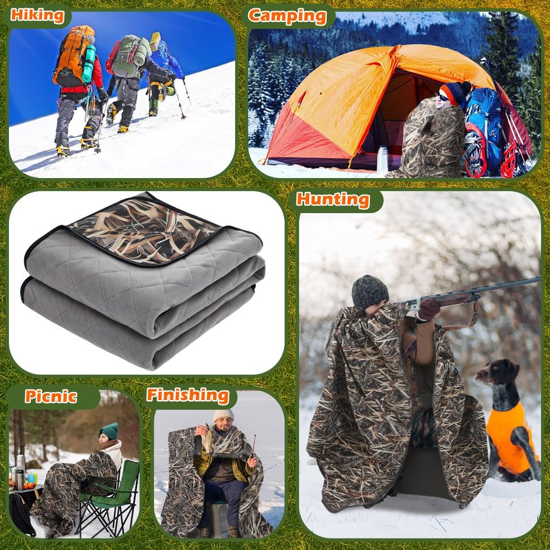 55" x 95" Waterproof Woobie Camo Blanket for Hunting Extra Outdoor Stadium Blankets Sherpa Lining with Hood and Storage Pocket for Deer Duck Hunting Gear Blind Accessories(Waterfowl Grass Camo)