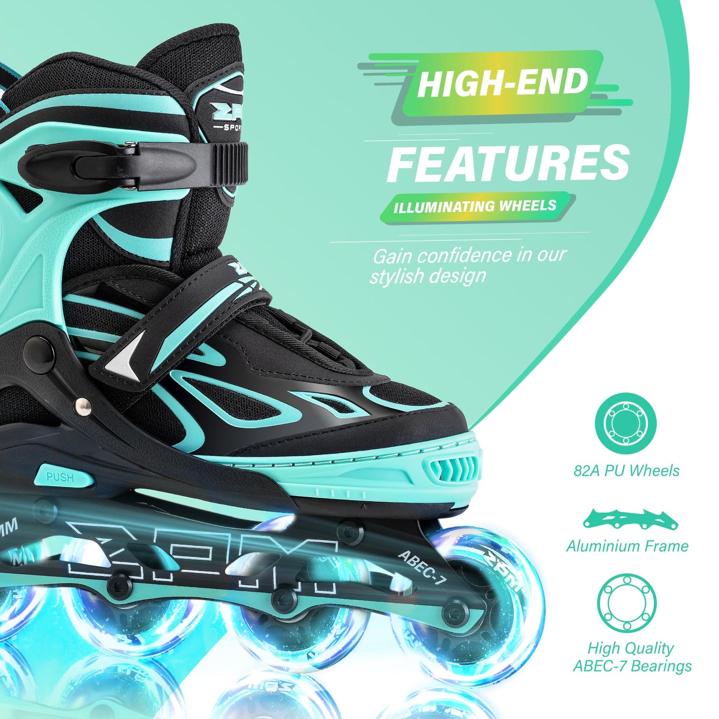 2PM SPORTS Vinal Girls Adjustable Flashing Inline Skates, All Wheels Light Up, Fun Illuminating Skates for Kids Women and Men Adults Boys - Mint Extra Large