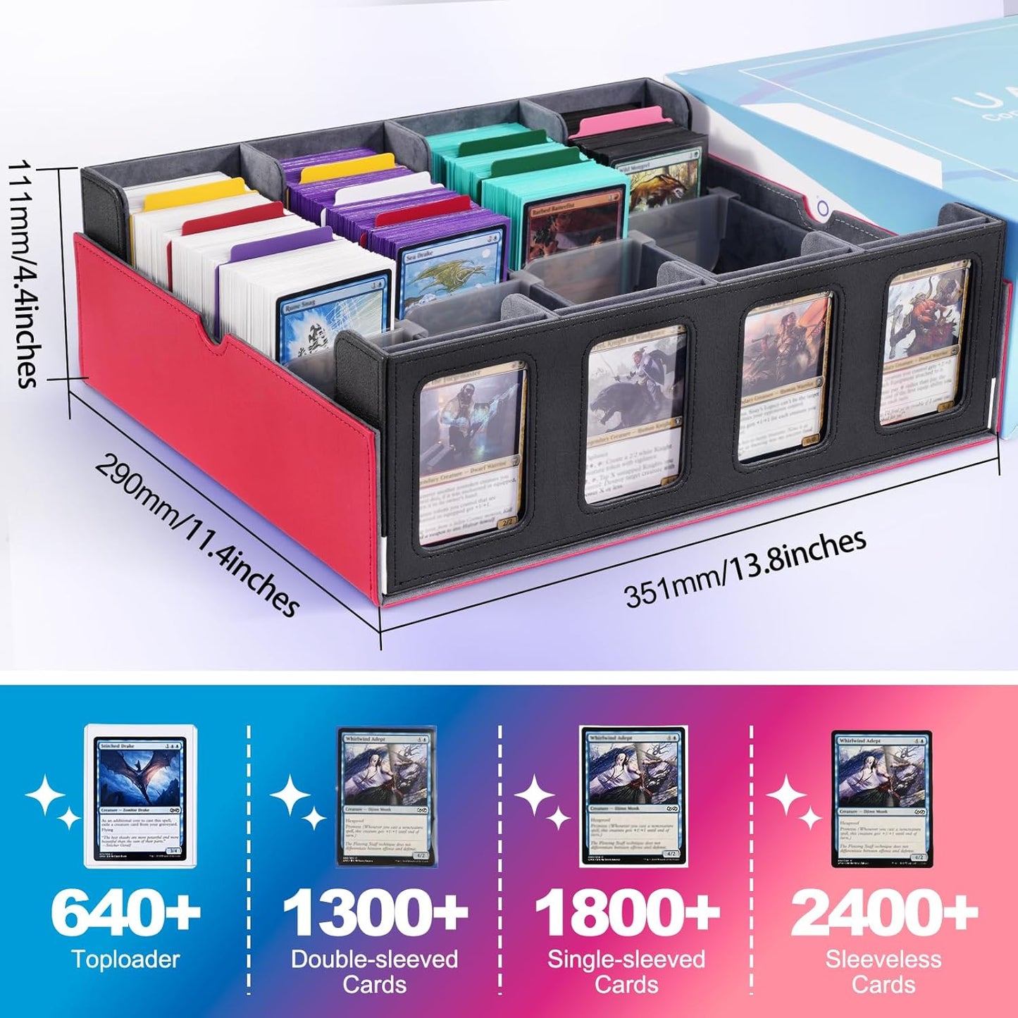 Trading Card Storage Box - 2400+ Deck Case for MTG | Removable Cover, 24 Dividers, Red & White
