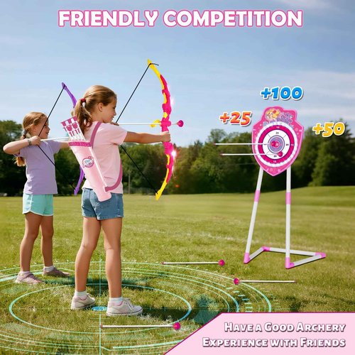 VATOS 2 Pack Bow and Arrow Toy with LED Light - 4 in 1 Archery & Dart Game Set with 20 Suction Cup Arrows, Mermaid Glow Target & Dart Board - Indoor/Outdoor Birthday Gift for Kids Boys Girls Ages 5-12