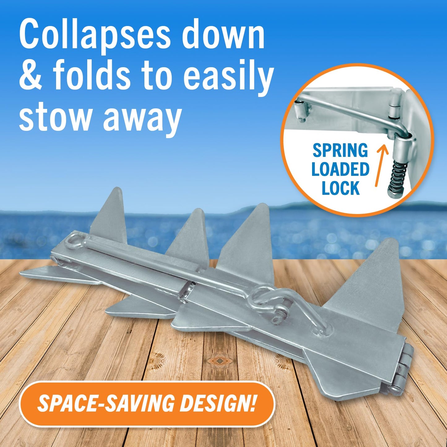 Better Boat 13lb Box Anchor for Boats up to 21ft, Folding Boat Anchor Hot Dip Galvanized, Double Sided Slide Anchor for Pontoon and Fishing Boats, Collapsible